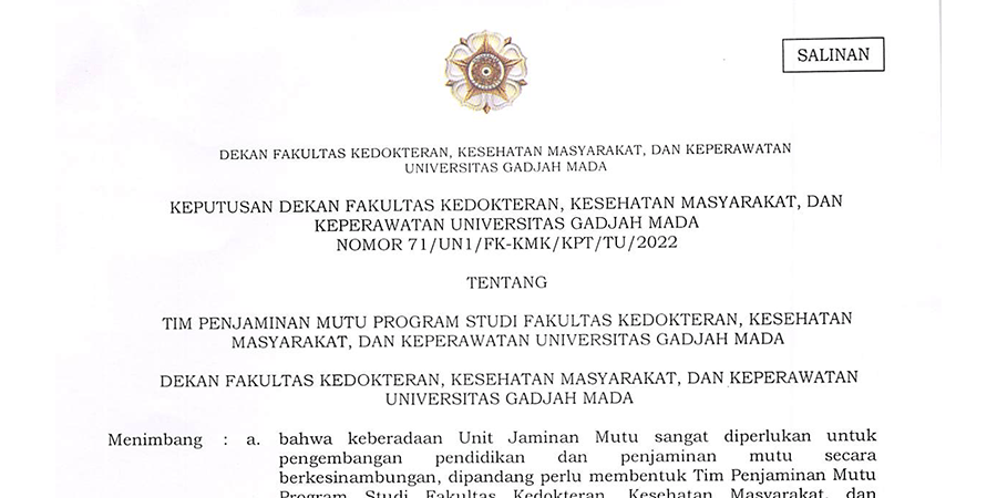 SK Tim Penjamin Mutu Program Studi FK-KMK UGM